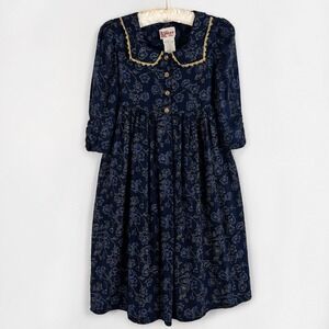 Vtg 90s Jazz Girls Prairie‎ Dress 10 Navy Gold Floral Peter Pan Collar Cottage